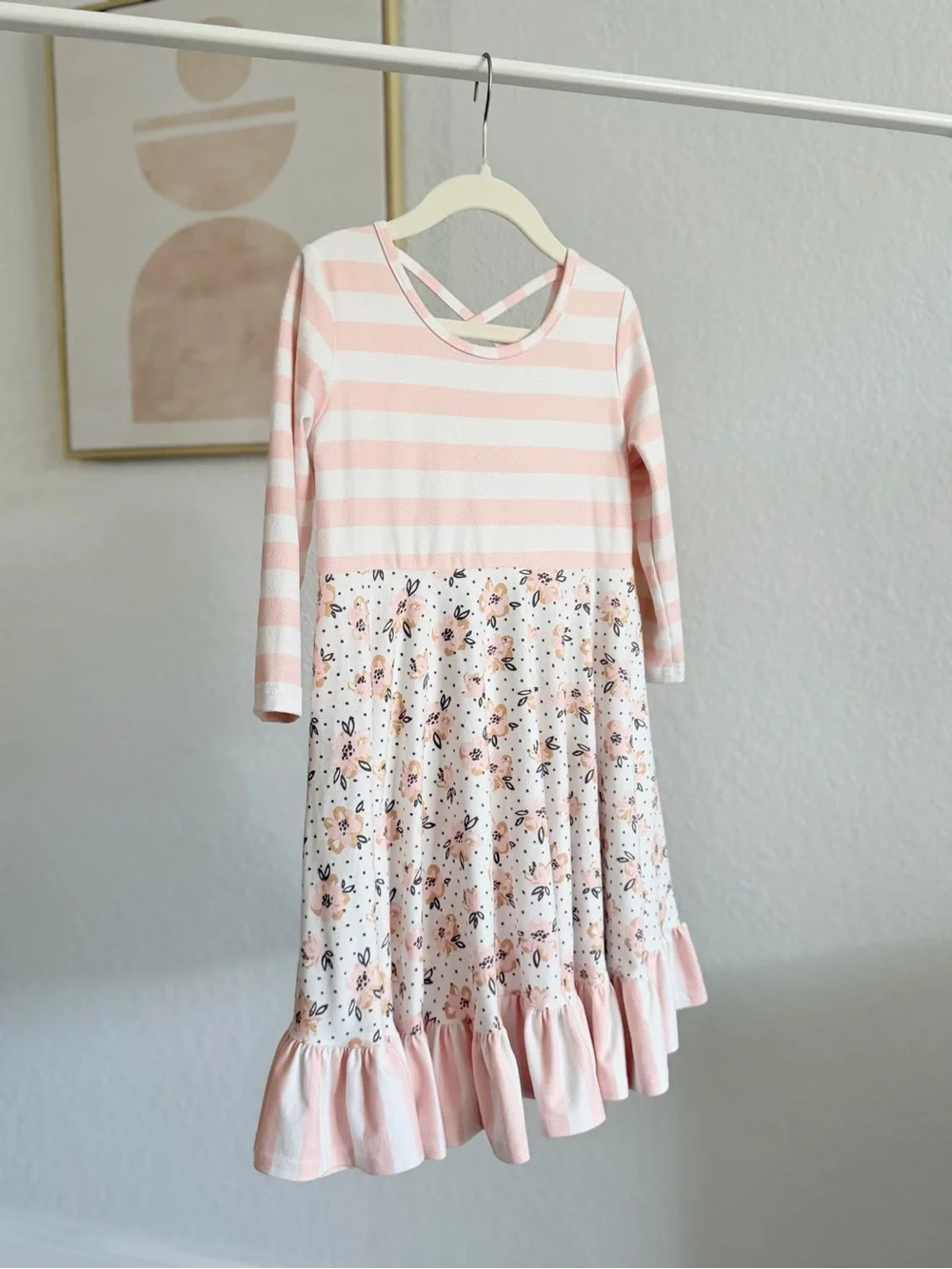 Girls' Pink Striped & Floral Ruffle Dress with Criss-Cross Back